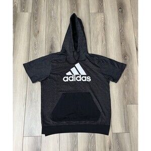 Adidas Men’s Medium Black/Gray Short Sleeve Active Training Hoodie Front Pocket